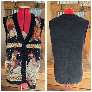 Vtg Country Vest S-M Black Knit Pumpkin Rooster Chicken Tiara